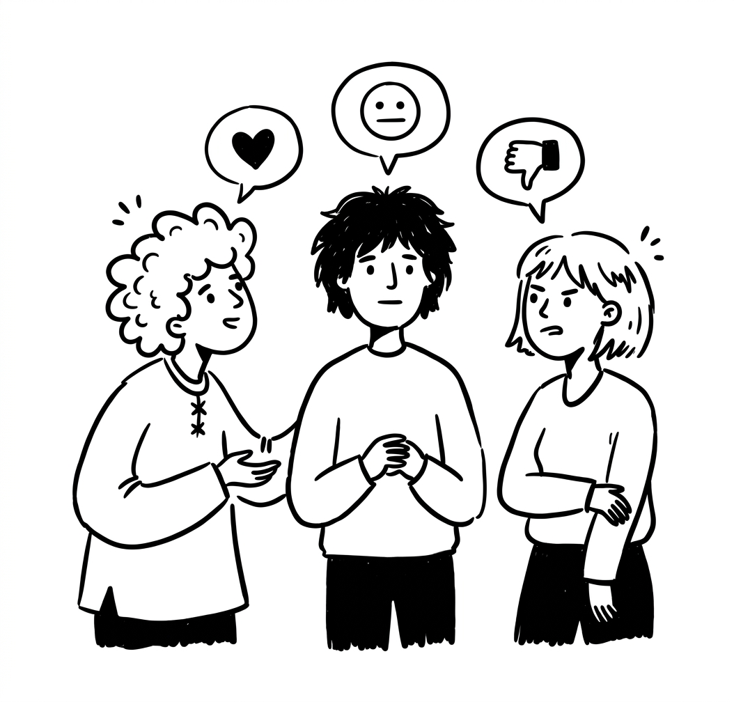Três pessoas a conversar com reações diferentes